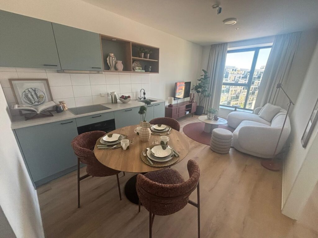 Interior render of open-plan kitchen, dining, and living area in student apartment